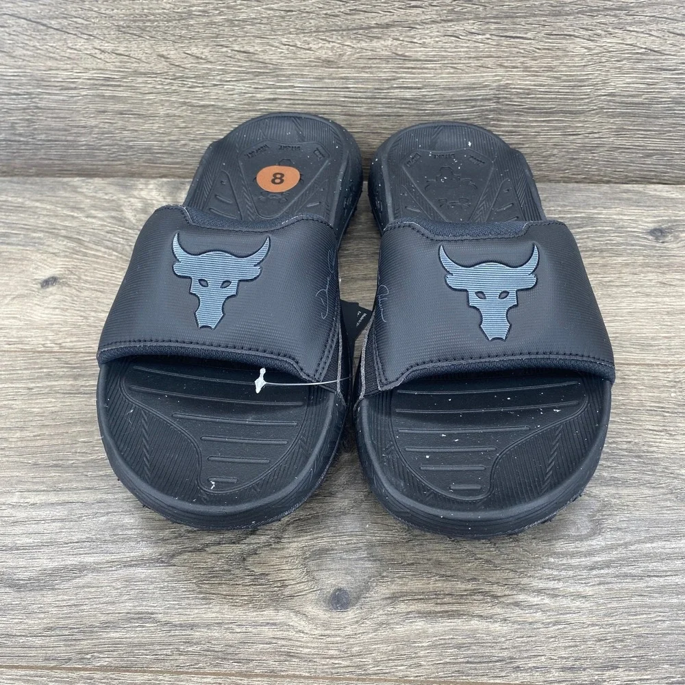 Under Armour Project Rock 3 SL Slides Mens 8 Black Brahma Bull Sandals 3026034